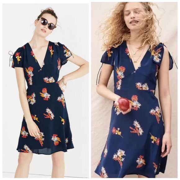 Madewell Silk Poppy A-Line Cactus Flower Floral Dress Navy Blue Size 4 Feminine - Picture 1 of 13